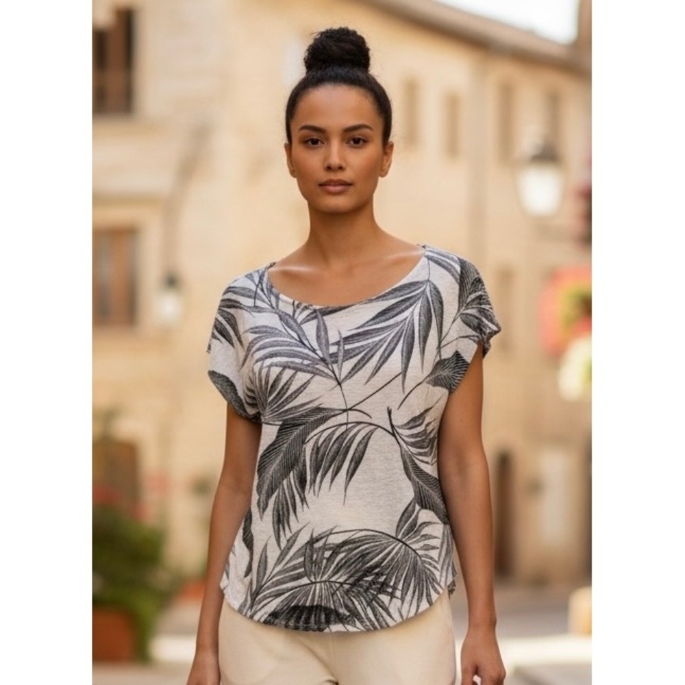 Tahari Linen Palm Leaf Print Scoop Neck Cap Sleeve Top Gray Black Size M Boho